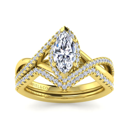 14K Yellow Gold Marquise Halo Diamond Engagement Ring