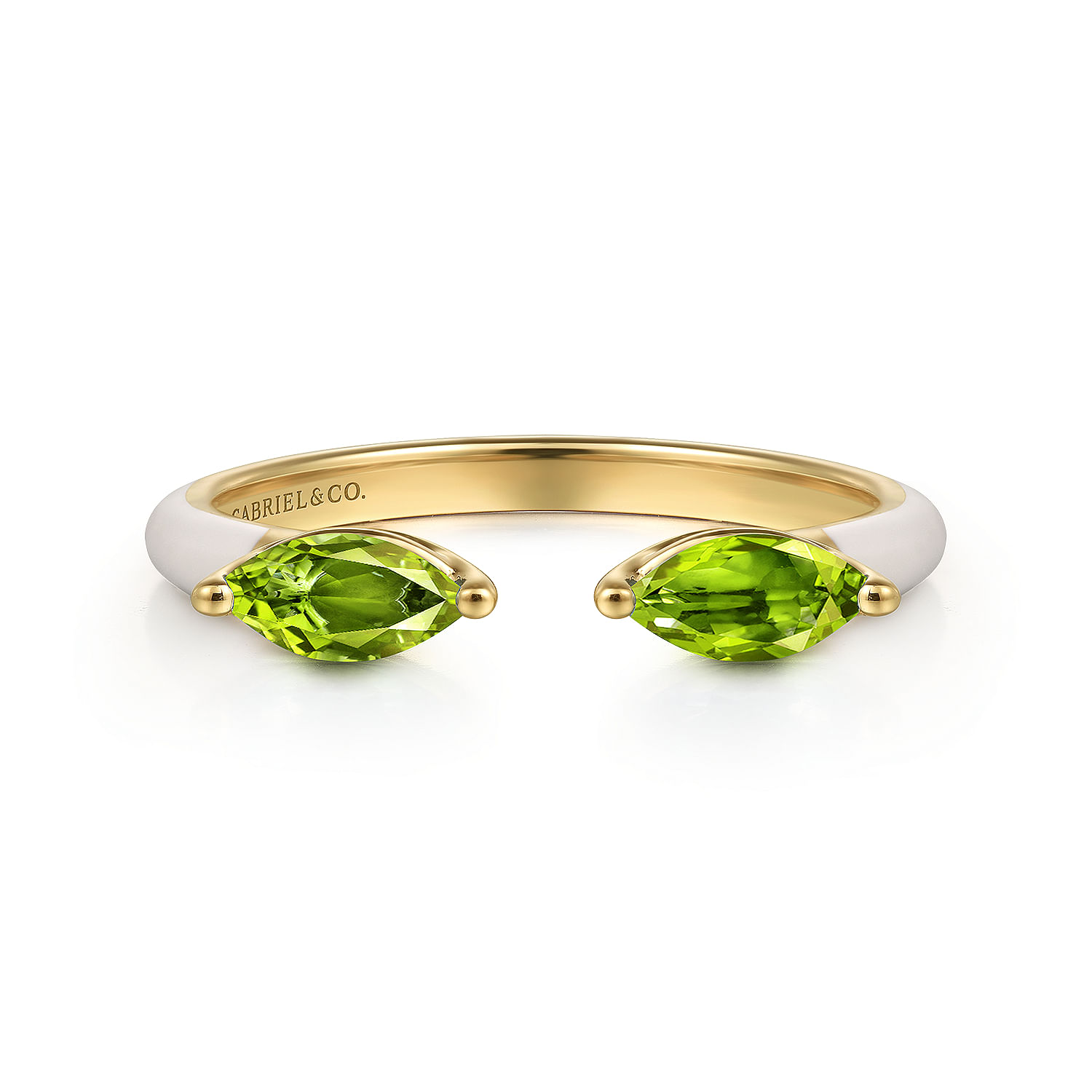 14K Yellow Gold Marquise Peridot Open Stackable Ring with White Enamel