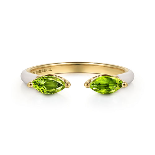 14K Yellow Gold Marquise Peridot Open Stackable Ring with White Enamel