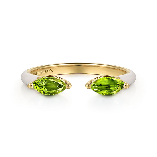 Gabriel - 14K Yellow Gold Marquise Peridot Open Stackable Ring with White Enamel