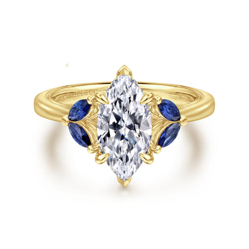 14K Yellow Gold Marquise Shape Diamond and Sapphire Engagement Ring