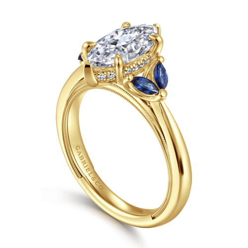 14K Yellow Gold Marquise Shape Diamond and Sapphire Engagement Ring