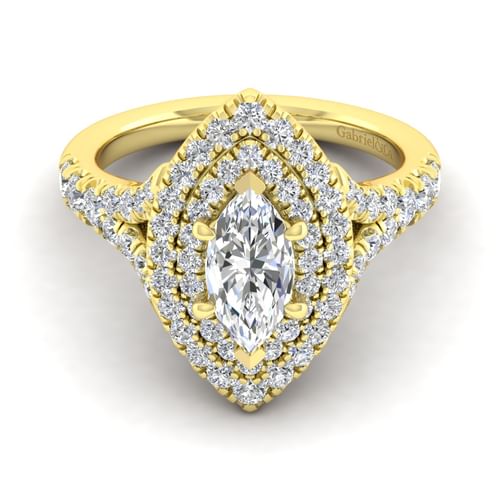 14K Yellow Gold Marquise Shape Double Halo Diamond Engagement Ring