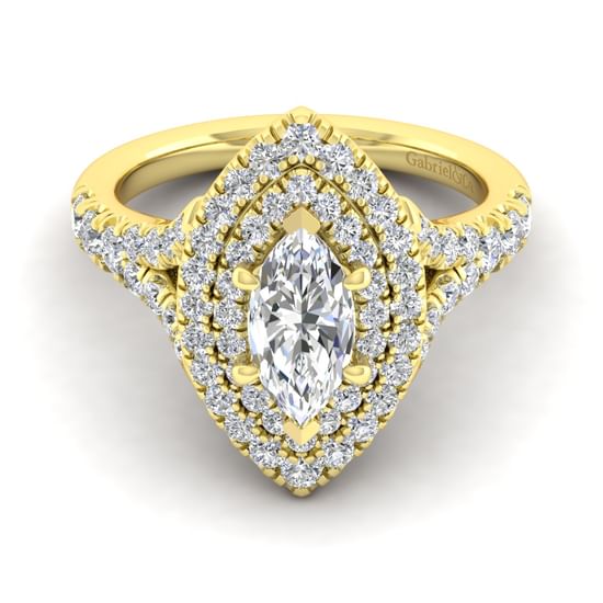 Gabriel - 14K Yellow Gold Marquise Shape Double Halo Diamond Engagement Ring