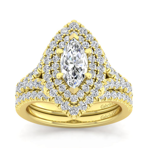 14K Yellow Gold Marquise Shape Double Halo Diamond Engagement Ring