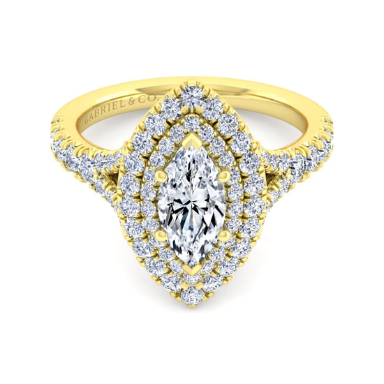 Gabriel - 14K Yellow Gold Marquise Shape Double Halo Diamond Engagement Ring