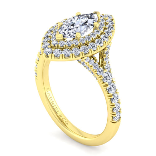 14K Yellow Gold Marquise Shape Double Halo Diamond Engagement Ring