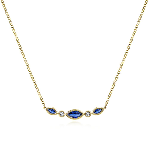 14K Yellow Gold Marquise Shape Sapphire and Bezel Set Diamond Bar Necklace