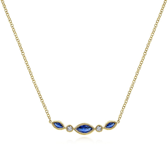 Gabriel - 14K Yellow Gold Marquise Shape Sapphire and Bezel Set Diamond Bar Necklace