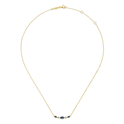 14K Yellow Gold Marquise Shape Sapphire and Bezel Set Diamond Bar Necklace