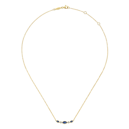 14K Yellow Gold Marquise Shape Sapphire and Bezel Set Diamond Bar Necklace angle 2