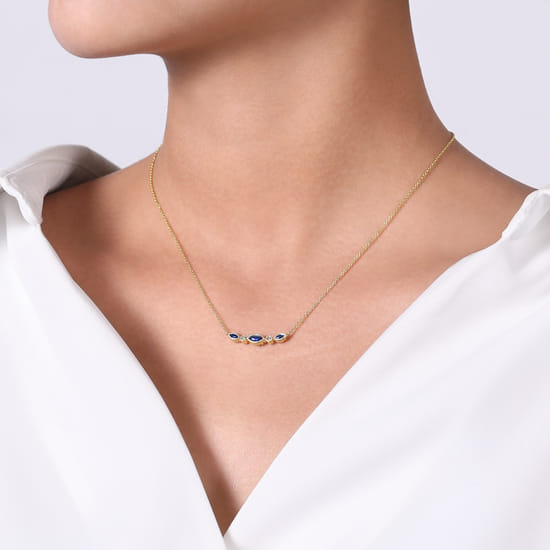 14K Yellow Gold Marquise Shape Sapphire and Bezel Set Diamond Bar Necklace angle 3