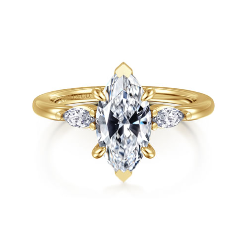 14K Yellow Gold Marquise Shape Three Stone Diamond Engagement Ring