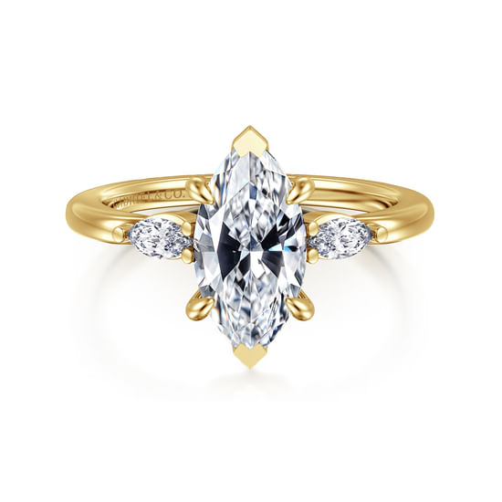 Gabriel - 14K Yellow Gold Marquise Shape Three Stone Diamond Engagement Ring