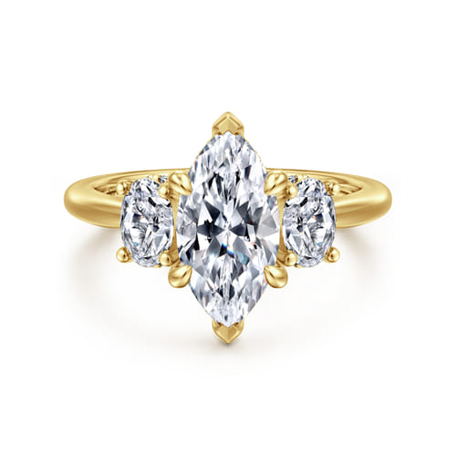 14K Yellow Gold Marquise Shape Three Stone Diamond Engagement Ring