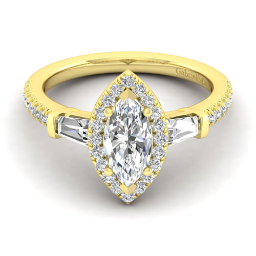 14K Yellow Gold Marquise Shape Three Stone Halo Diamond Channel Set Engagement Ring