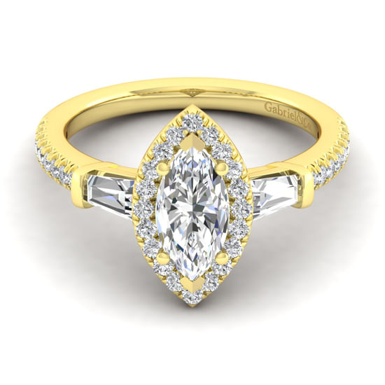 Gabriel - 14K Yellow Gold Marquise Shape Three Stone Halo Diamond Channel Set Engagement Ring