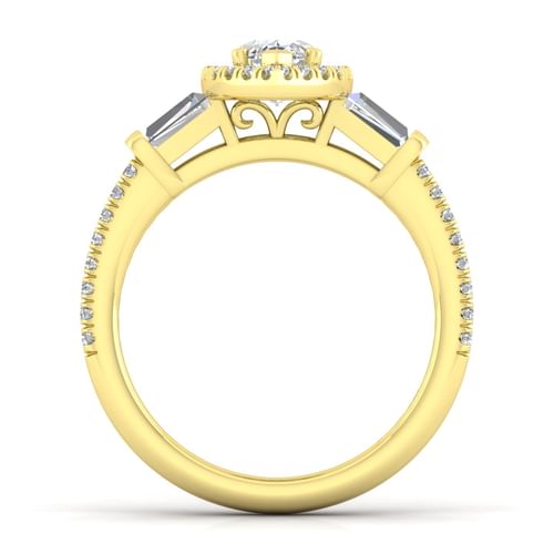 14K Yellow Gold Marquise Shape Three Stone Halo Diamond Channel Set Engagement Ring