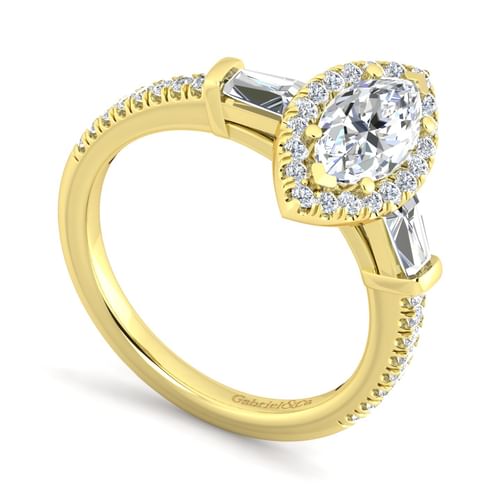14K Yellow Gold Marquise Shape Three Stone Halo Diamond Channel Set Engagement Ring