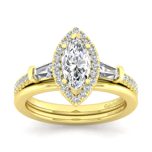 14K Yellow Gold Marquise Shape Three Stone Halo Diamond Channel Set Engagement Ring