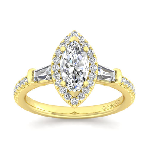 14K Yellow Gold Marquise Shape Three Stone Halo Diamond Channel Set Engagement Ring