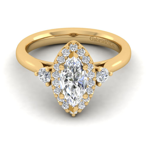 14K Yellow Gold Marquise Shape Three Stone Halo Diamond Engagement Ring