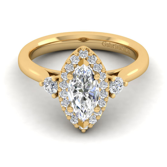 Gabriel - 14K Yellow Gold Marquise Shape Three Stone Halo Diamond Engagement Ring