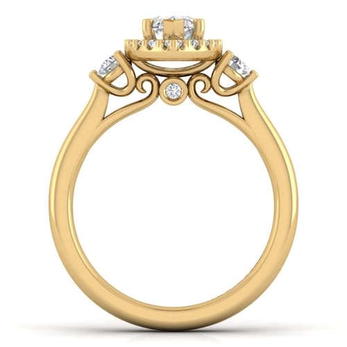 14K Yellow Gold Marquise Shape Three Stone Halo Diamond Engagement Ring