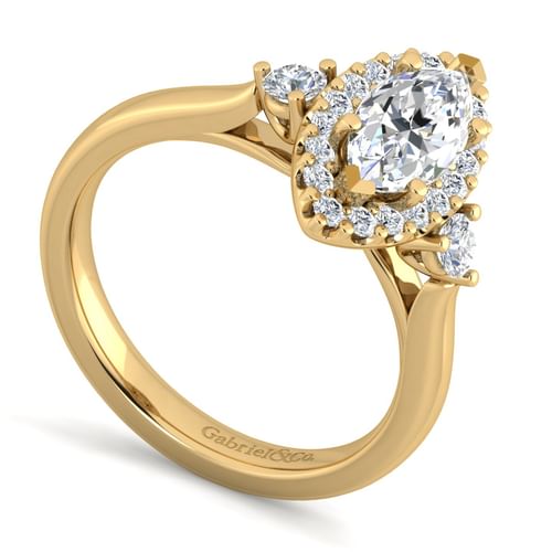 14K Yellow Gold Marquise Shape Three Stone Halo Diamond Engagement Ring
