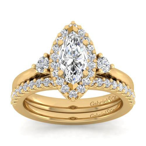 14K Yellow Gold Marquise Shape Three Stone Halo Diamond Engagement Ring