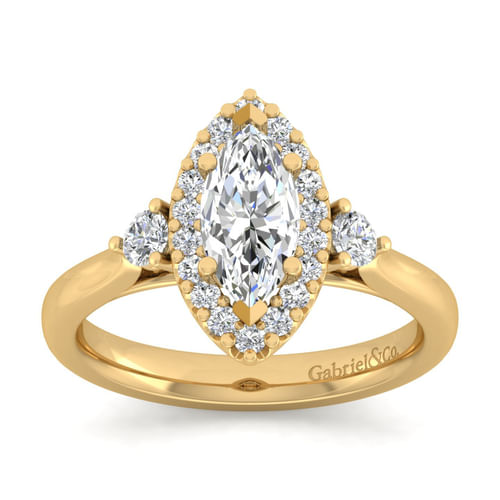 14K Yellow Gold Marquise Shape Three Stone Halo Diamond Engagement Ring