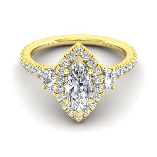14K Yellow Gold Marquise Shape Three Stone Halo Diamond Engagement Ring