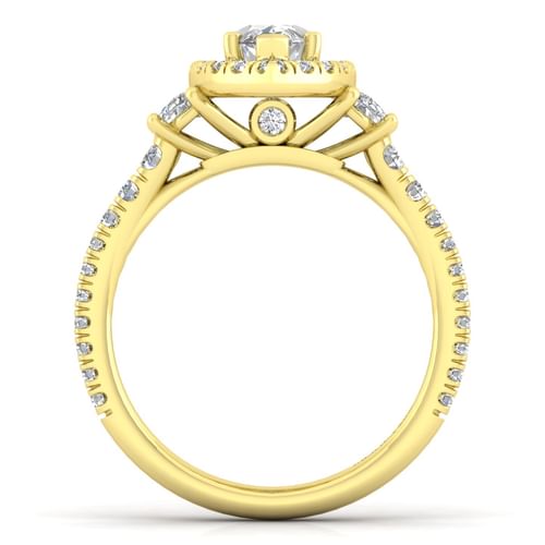 14K Yellow Gold Marquise Shape Three Stone Halo Diamond Engagement Ring