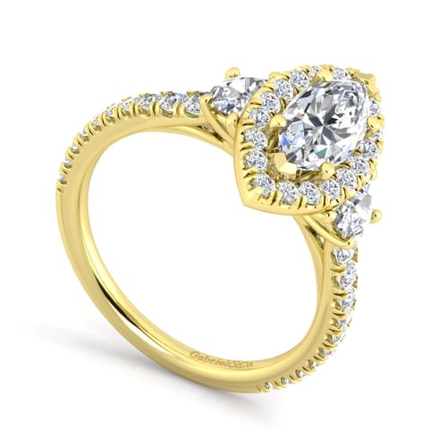 14K Yellow Gold Marquise Shape Three Stone Halo Diamond Engagement Ring