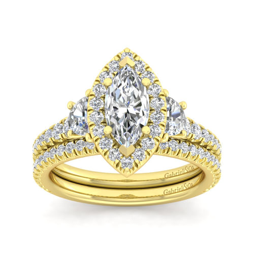 14K Yellow Gold Marquise Shape Three Stone Halo Diamond Engagement Ring