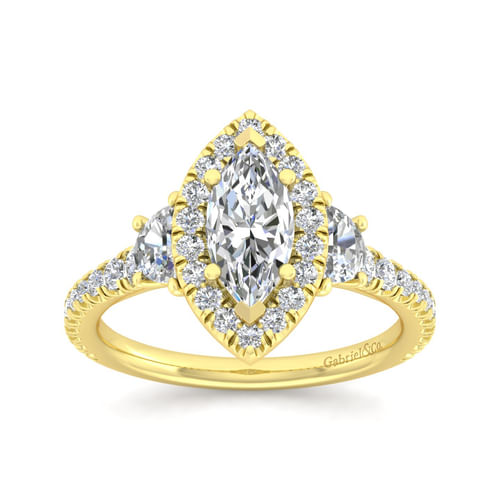 14K Yellow Gold Marquise Shape Three Stone Halo Diamond Engagement Ring