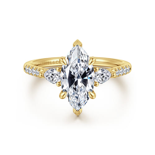14K Yellow Gold Marquise Shape Three Stone Lotus Diamond Engagement Ring