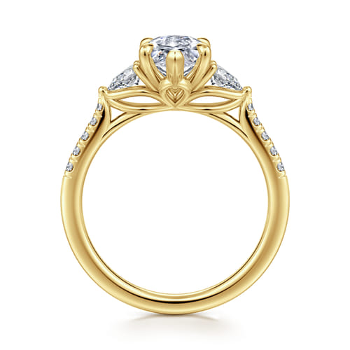 14K Yellow Gold Marquise Shape Three Stone Lotus Diamond Engagement Ring