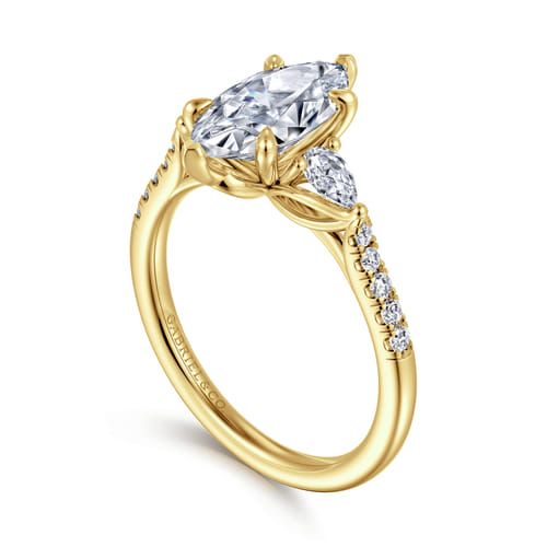 14K Yellow Gold Marquise Shape Three Stone Lotus Diamond Engagement Ring