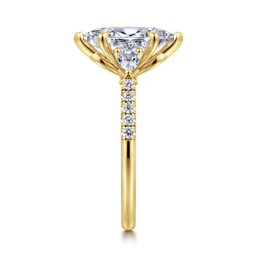 14K Yellow Gold Marquise Shape Three Stone Lotus Diamond Engagement Ring