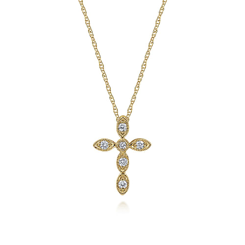 14K Yellow Gold Marquise Shaped Diamond Cross Necklace