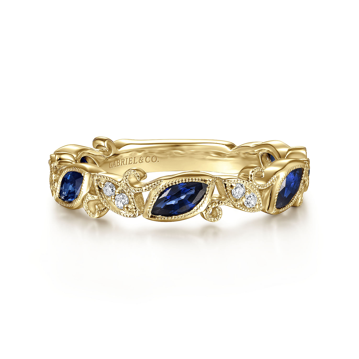 14K Yellow Gold Marquise Station Sapphire and Diamond Ring