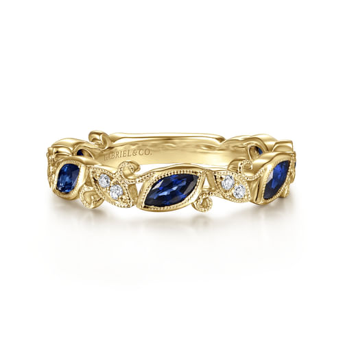 14K Yellow Gold Marquise Station Sapphire and Diamond Ring