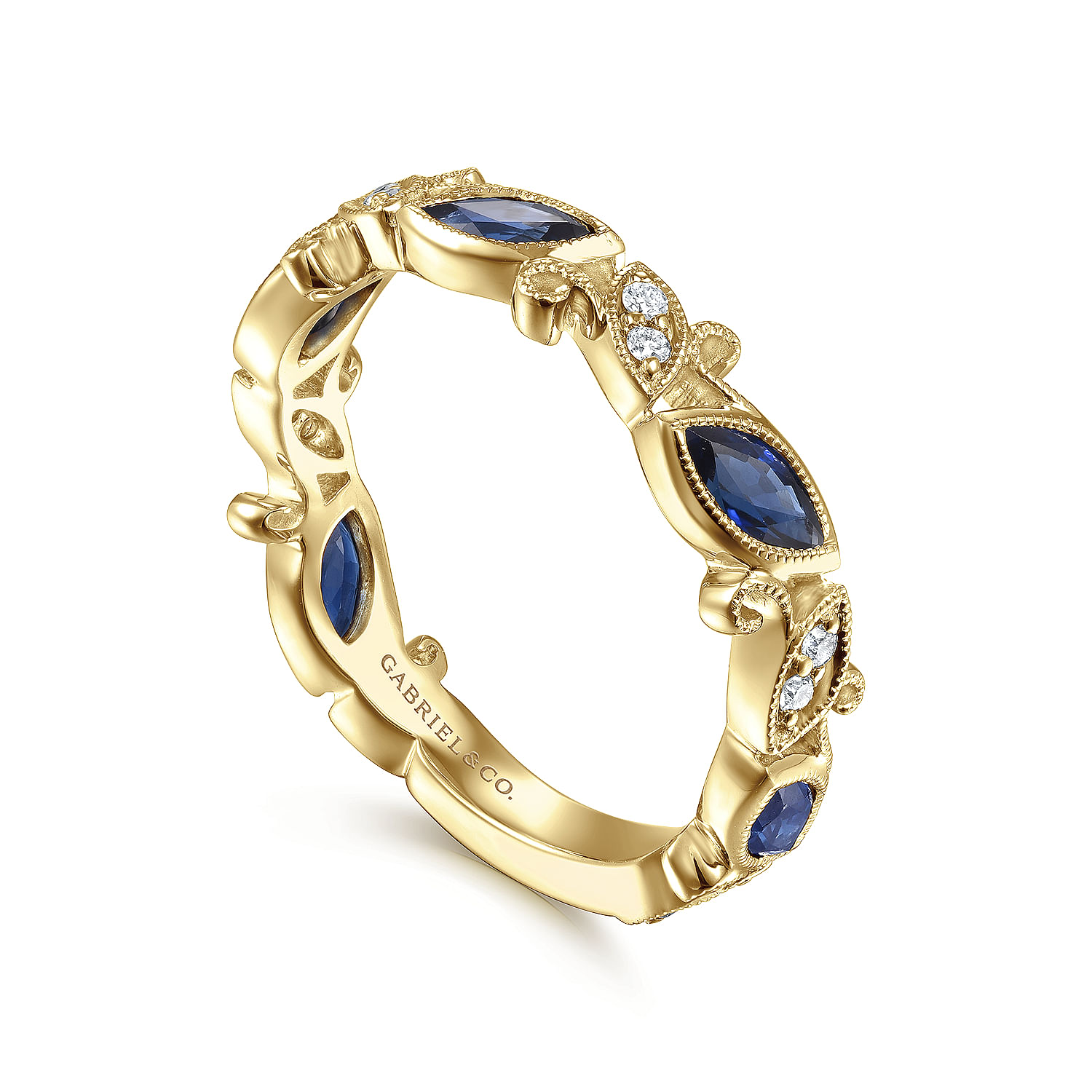 14K Yellow Gold Marquise Station Sapphire and Diamond Ring