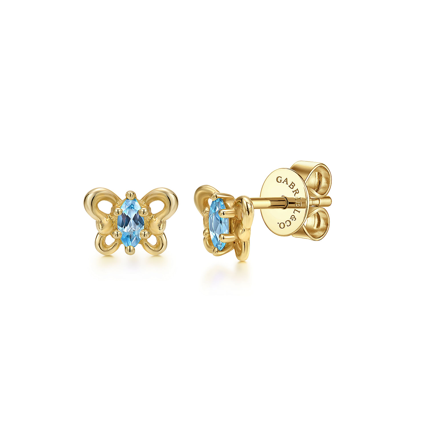 14K Yellow Gold Marquise Swiss Blue Topaz Butterfly Stud Earrings