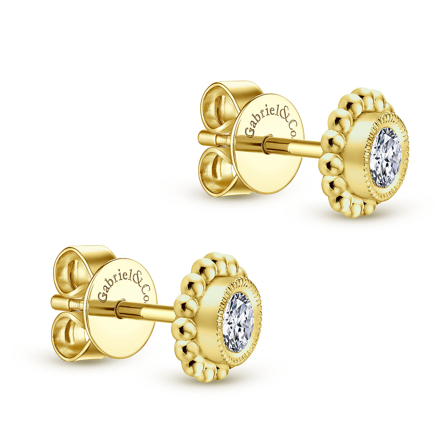 14K Yellow Gold Milgrain Beaded Round Diamond Stud Earrings