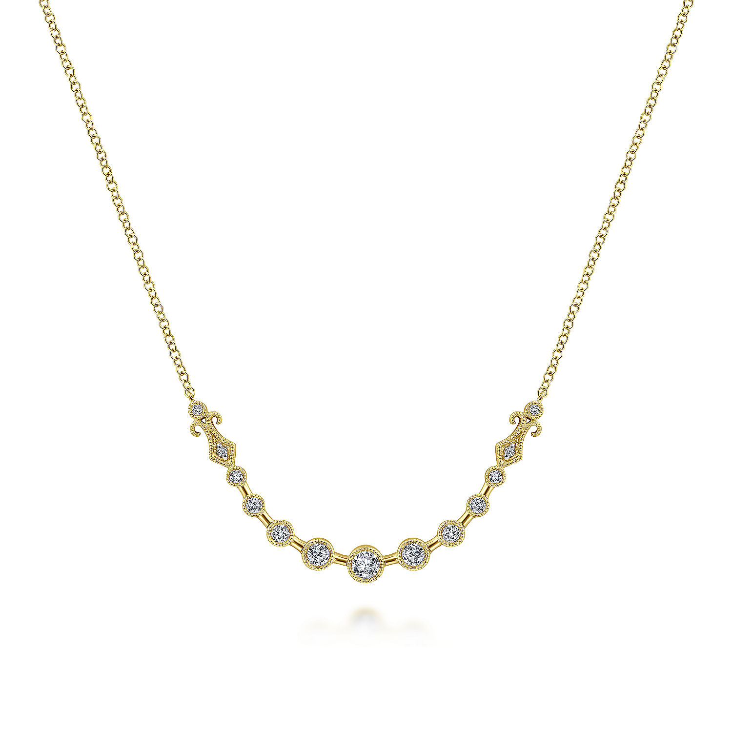 14K Yellow Gold Milgrain Bezel Set Diamond Curved Bar Necklace