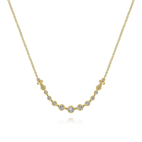 Gabriel - 14K Yellow Gold Milgrain Bezel Set Diamond Curved Bar Necklace