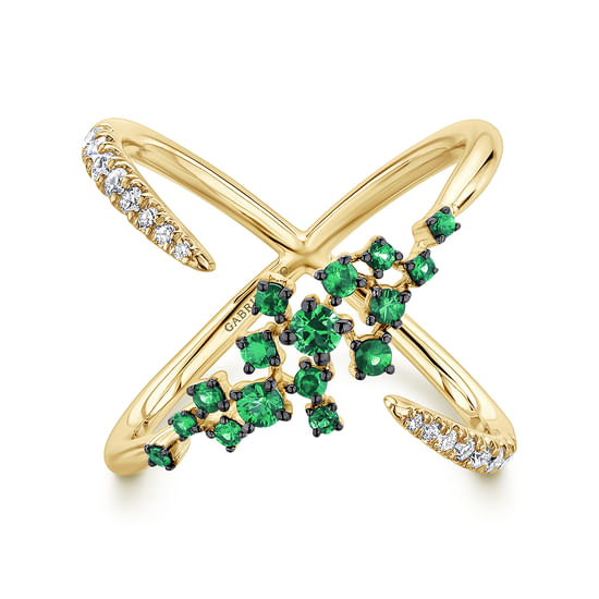 Gabriel - 14K Yellow Gold Modern Scattered Emerald & Diamond Ring