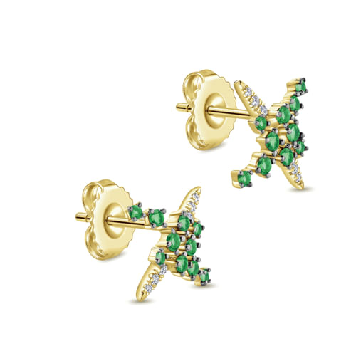 14K Yellow Gold Modern Scattered Emerald and Diamond Stud Earrings
